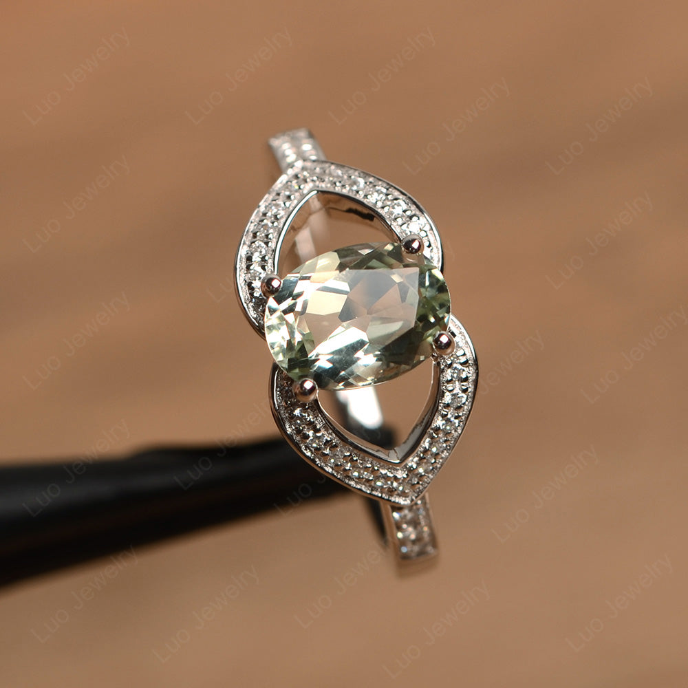 Oval Cut Green Amethyst Split Shank Ring White Gold - LUO Jewelry