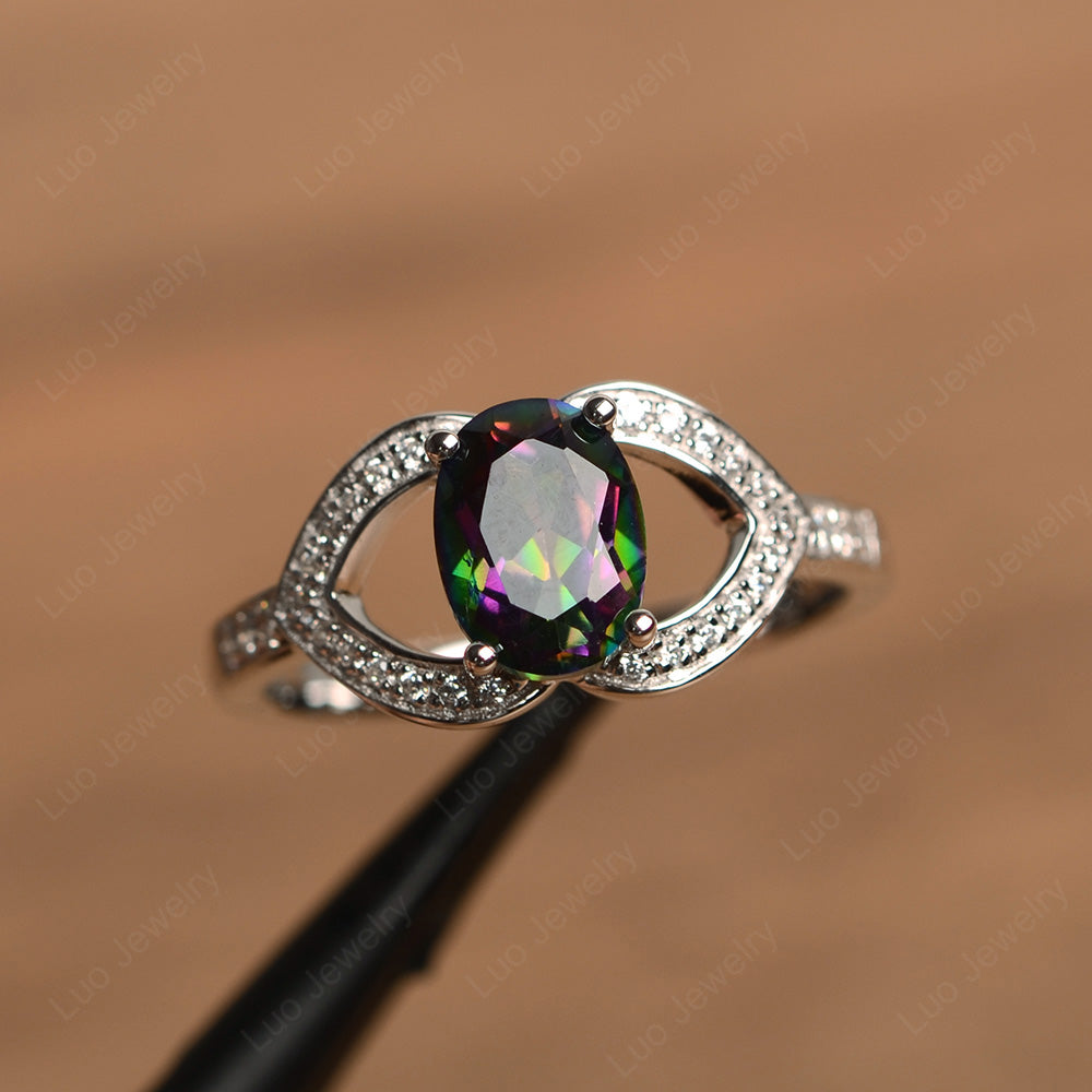 Oval Cut Mystic Topaz Split Shank Ring White Gold - LUO Jewelry