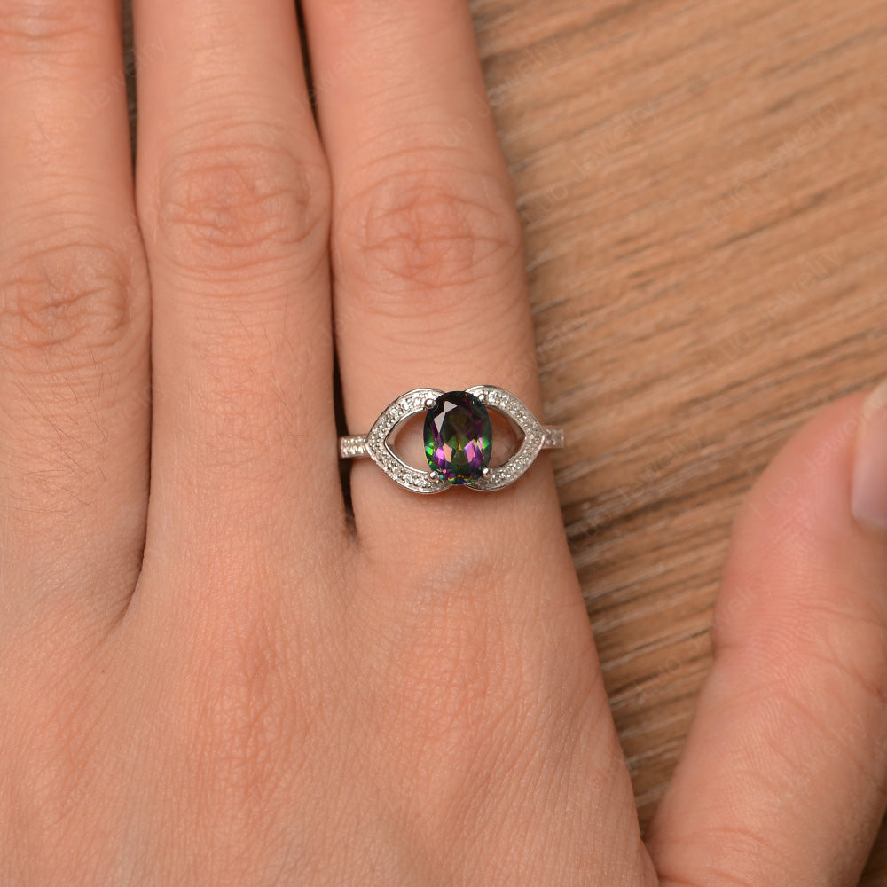 Oval Cut Mystic Topaz Split Shank Ring White Gold - LUO Jewelry