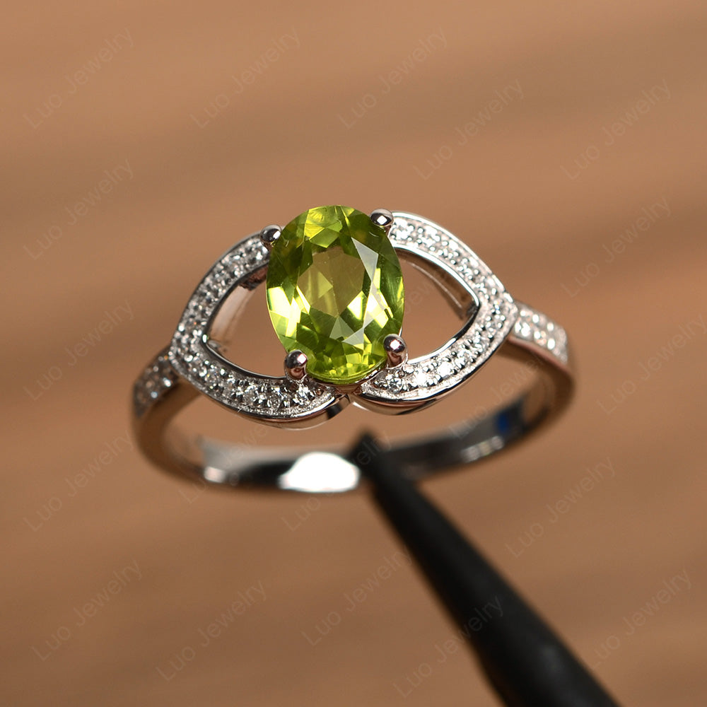 Oval Cut Peridot Split Shank Ring White Gold - LUO Jewelry