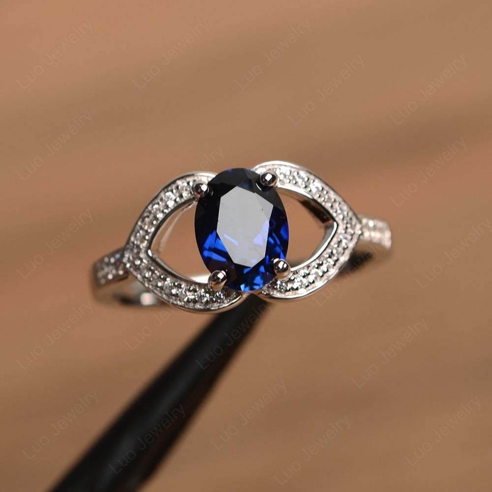 Oval Cut Lab Sapphire Split Shank Ring White Gold - LUO Jewelry