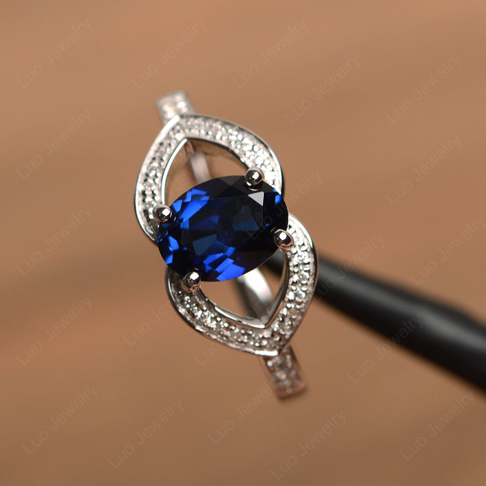 Oval Cut Lab Sapphire Split Shank Ring White Gold - LUO Jewelry