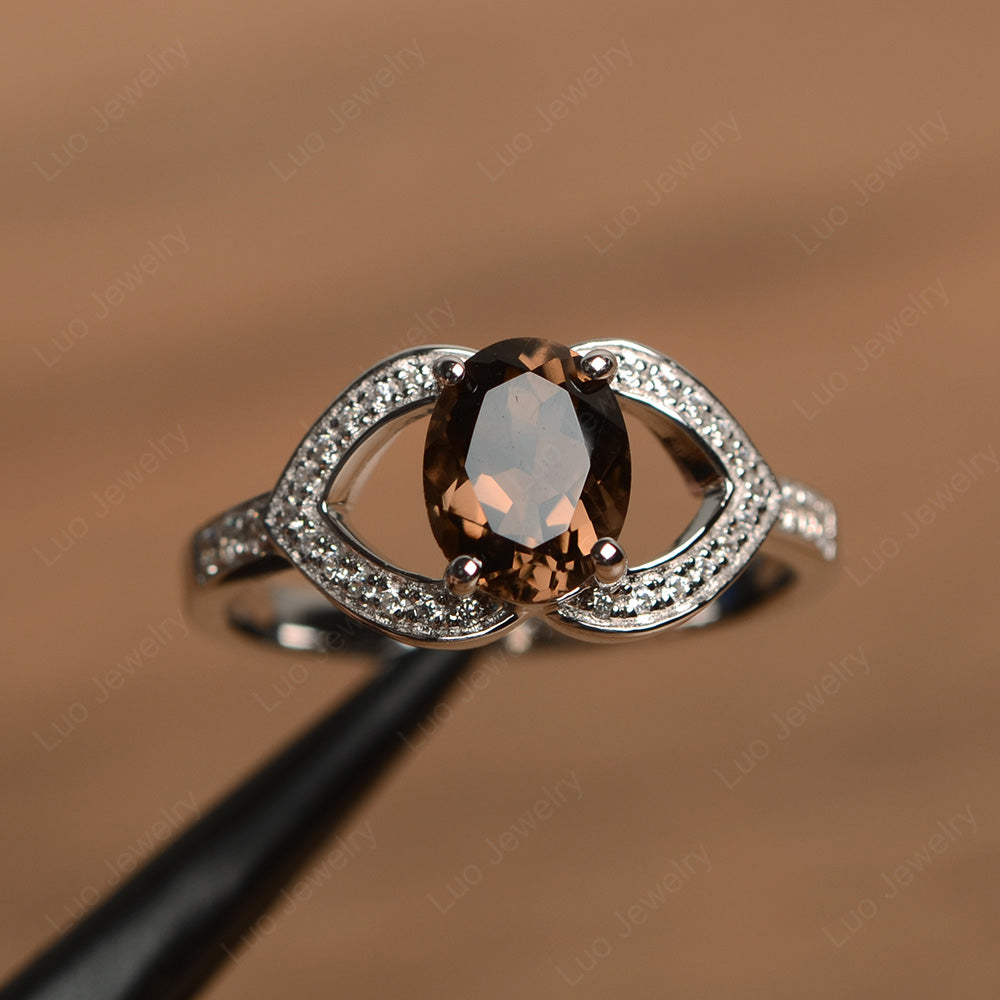 Oval Cut Smoky Quartz  Split Shank Ring White Gold - LUO Jewelry