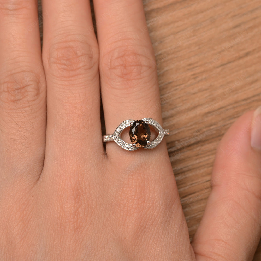 Oval Cut Smoky Quartz  Split Shank Ring White Gold - LUO Jewelry