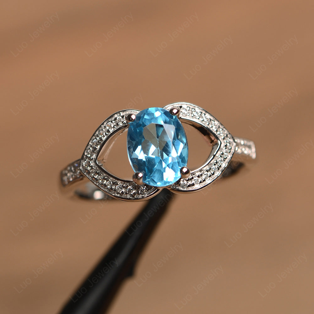 Oval Cut Swiss Blue Topaz Split Shank Ring White Gold - LUO Jewelry