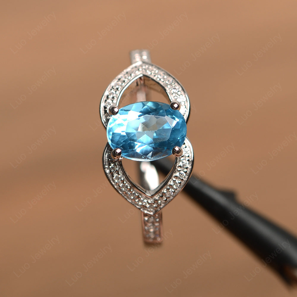 Oval Cut Swiss Blue Topaz Split Shank Ring White Gold - LUO Jewelry