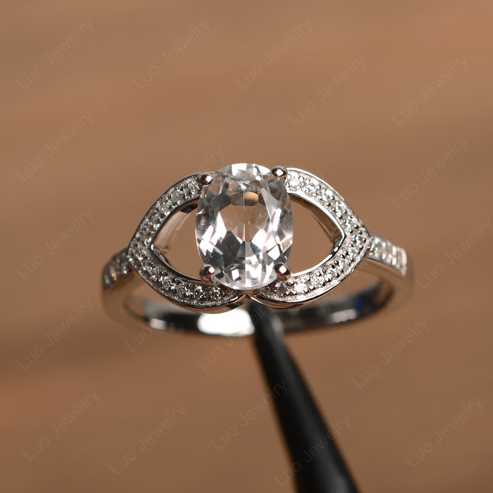 Oval Cut White Topaz Split Shank Ring White Gold - LUO Jewelry