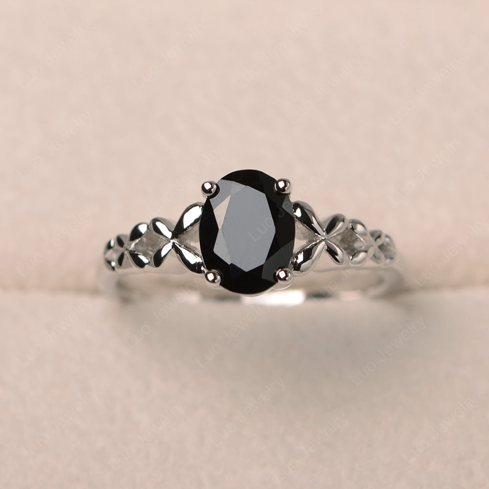 Vintage Black Spinel Solitaire Ring White Gold - LUO Jewelry