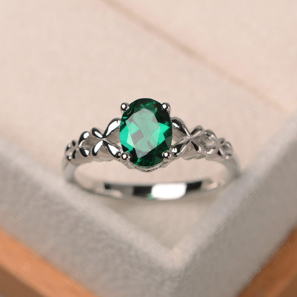 Vintage Lab Emerald Solitaire Ring White Gold - LUO Jewelry