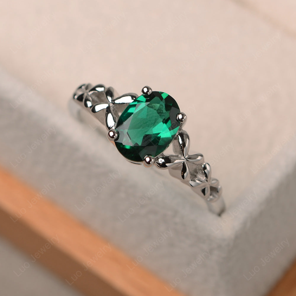 Vintage Lab Emerald Solitaire Ring White Gold - LUO Jewelry