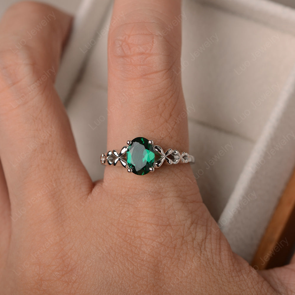 Vintage Lab Emerald Solitaire Ring White Gold - LUO Jewelry