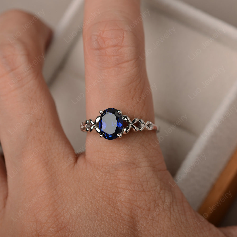 Vintage Lab Sapphire Solitaire Ring White Gold - LUO Jewelry