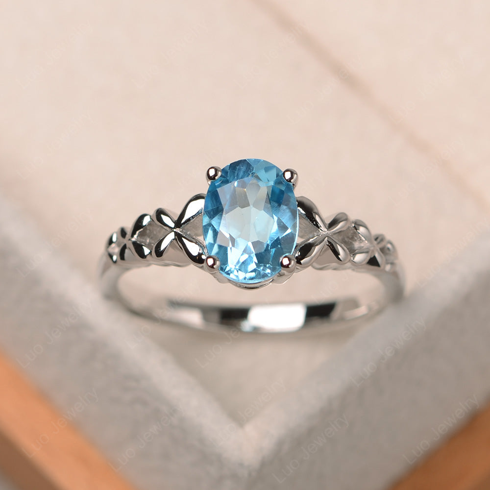 Vintage Swiss Blue Topaz Solitaire Ring White Gold - LUO Jewelry