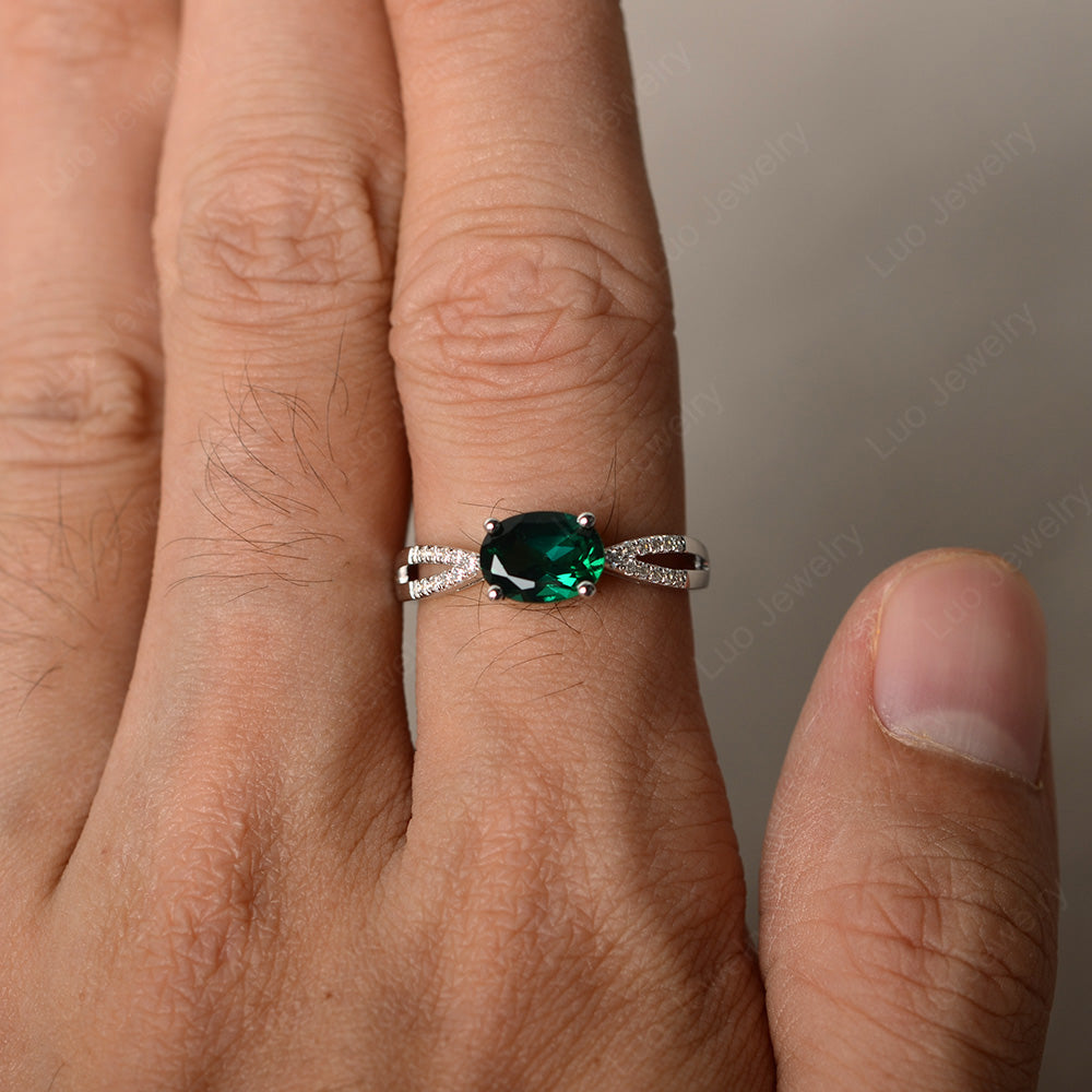 Oval East West Lab Emerald Engagement Ring Gold - LUO Jewelry