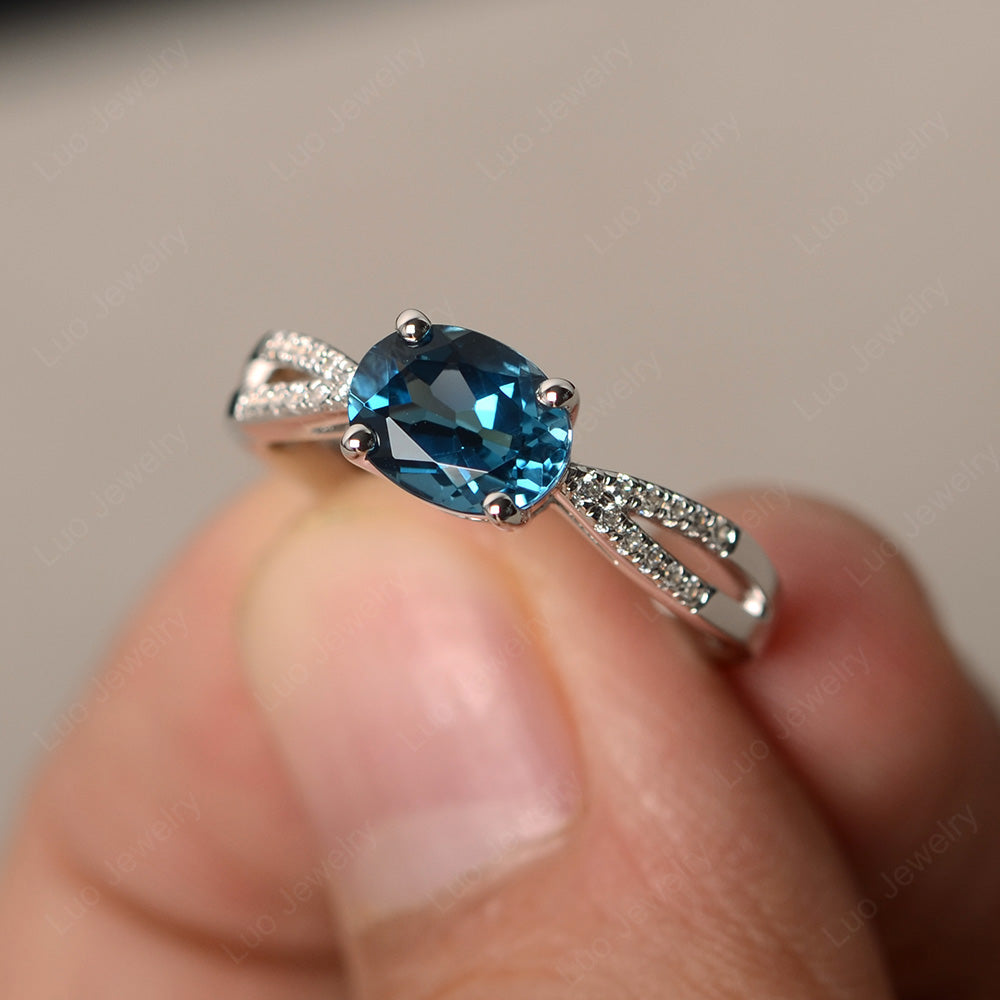 Oval East West London Blue Topaz Engagement Ring Gold - LUO Jewelry