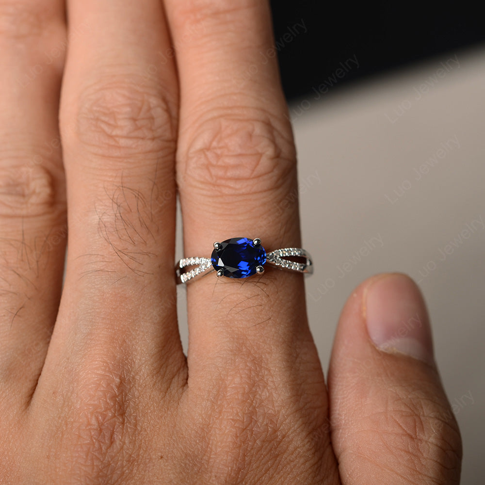 Oval East West Lab Sapphire Engagement Ring Gold - LUO Jewelry