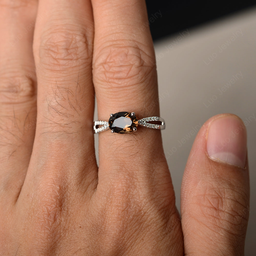 Oval East West Smoky Quartz  Engagement Ring Gold - LUO Jewelry