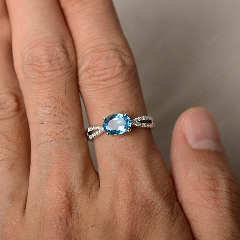 Oval East West Swiss Blue Topaz Engagement Ring Gold - LUO Jewelry