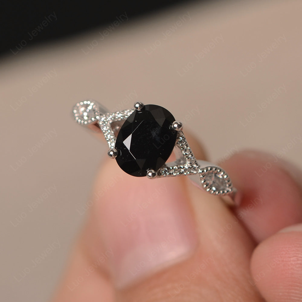 Oval Black Stone Engagement Ring White Gold - LUO Jewelry
