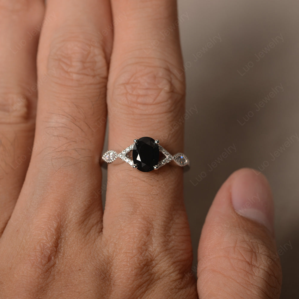 Oval Black Stone Engagement Ring White Gold - LUO Jewelry