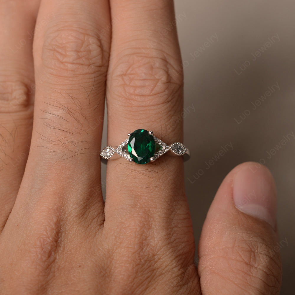 Oval Lab Emerald Engagement Ring White Gold - LUO Jewelry