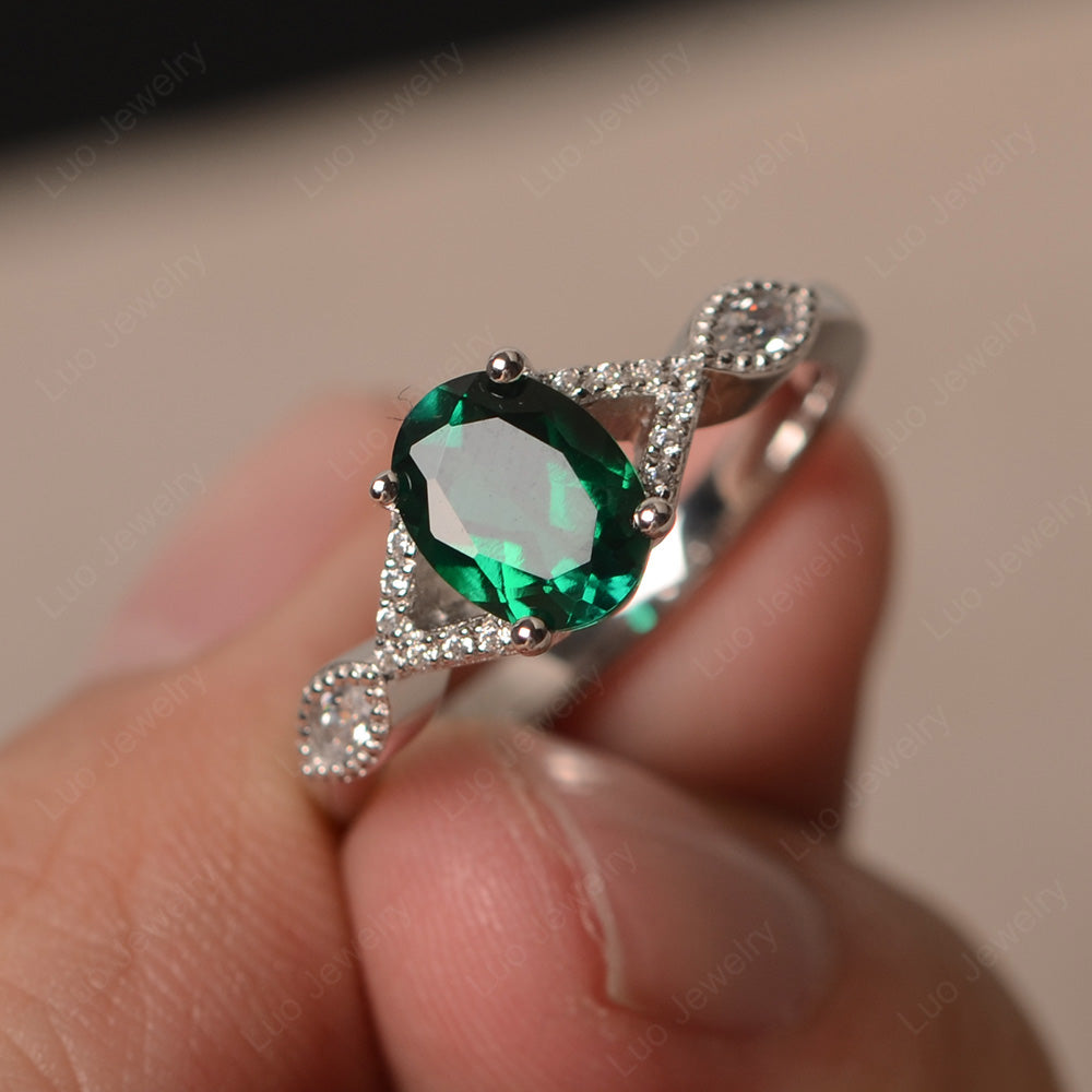 Oval Lab Emerald Engagement Ring White Gold - LUO Jewelry
