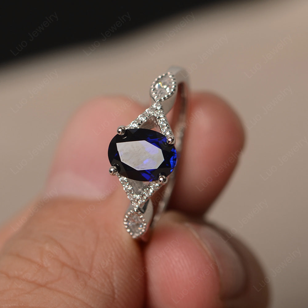 Oval Lab Sapphire Engagement Ring White Gold - LUO Jewelry