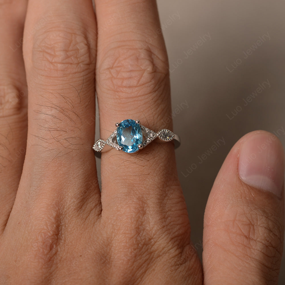 Oval Swiss Blue Topaz Engagement Ring White Gold - LUO Jewelry