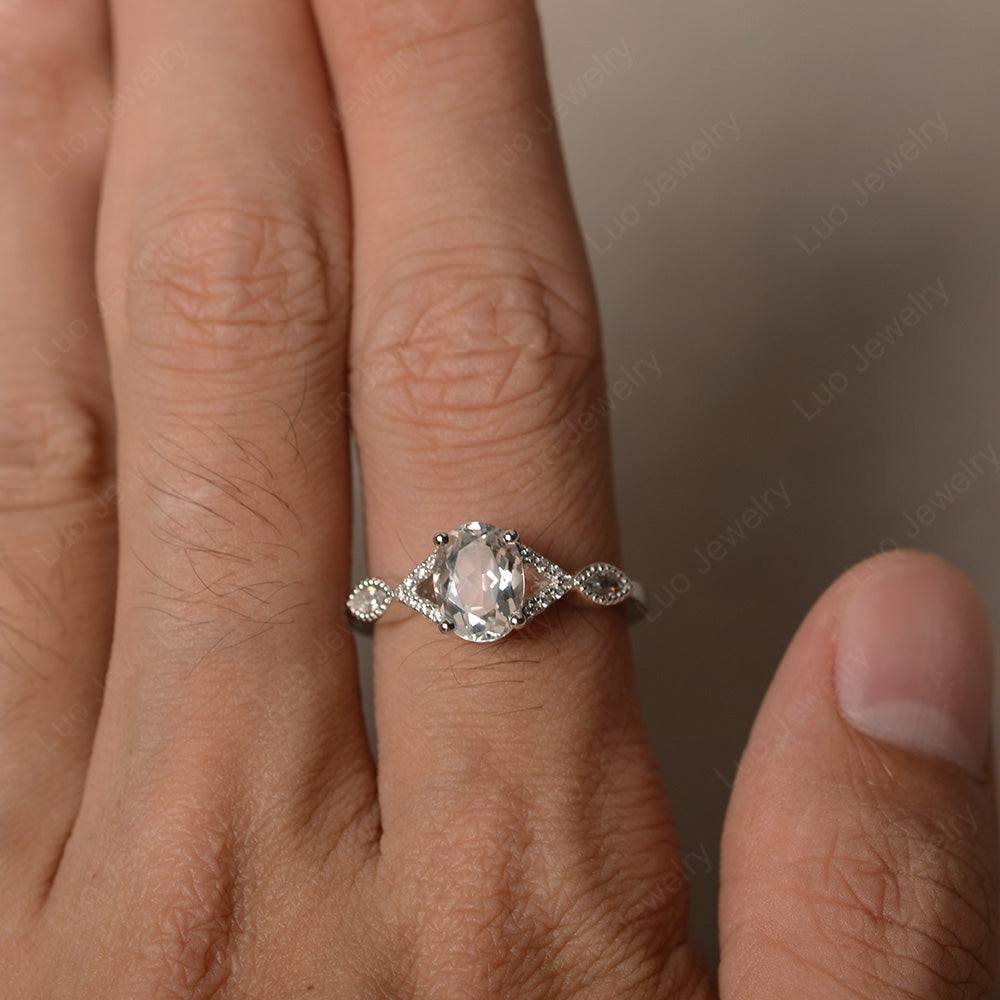Oval White Topaz Engagement Ring White Gold - LUO Jewelry