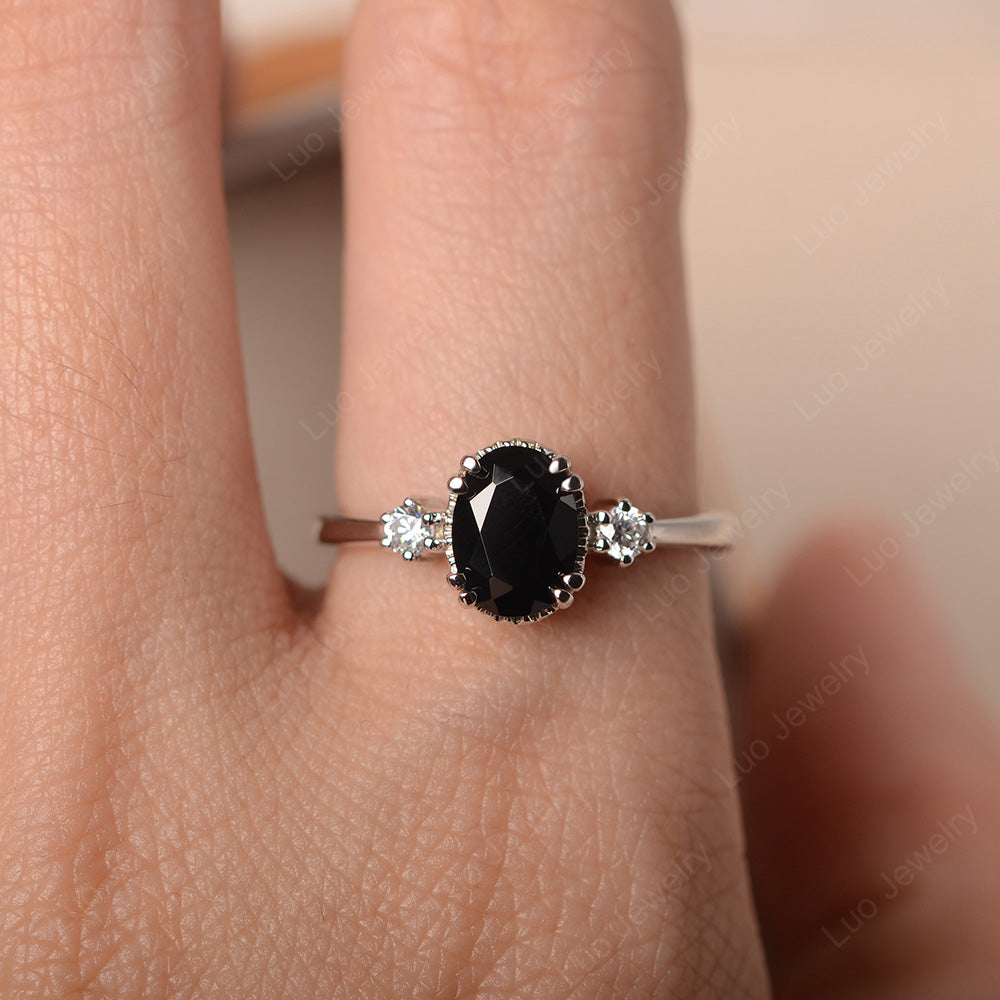 Vintage Oval Black Spinel Engagement Ring - LUO Jewelry