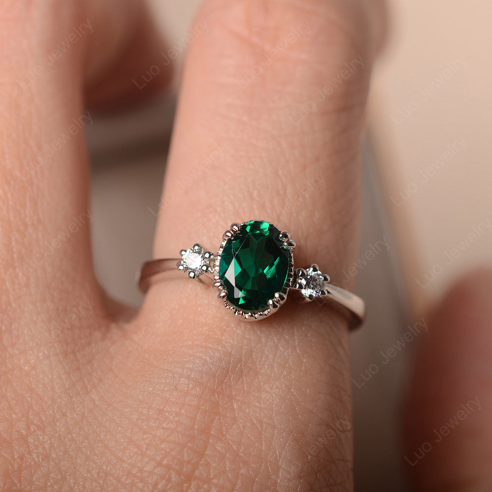 Vintage Oval Lab Emerald Engagement Ring - LUO Jewelry