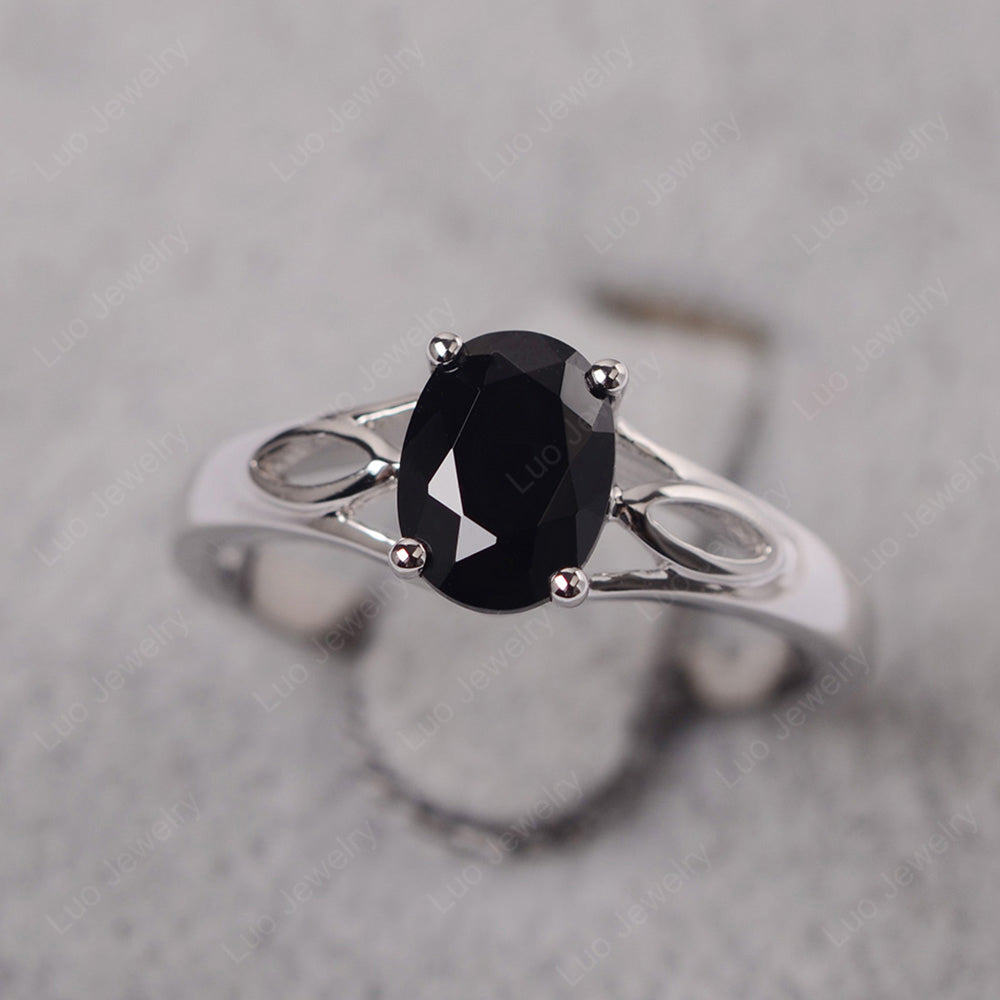 Black Stone Solitaire Ring Oval Cut Sterling Silver - LUO Jewelry