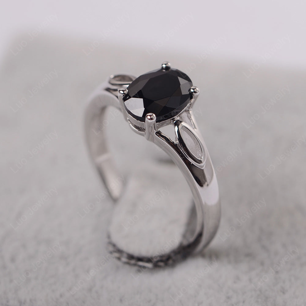 Black Stone Solitaire Ring Oval Cut Sterling Silver - LUO Jewelry
