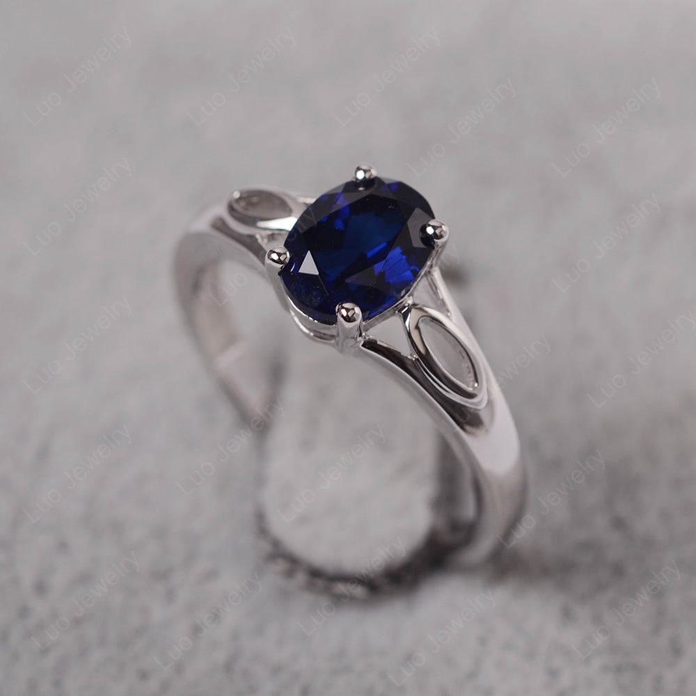 Lab Sapphire Solitaire Ring Oval Cut Sterling Silver - LUO Jewelry