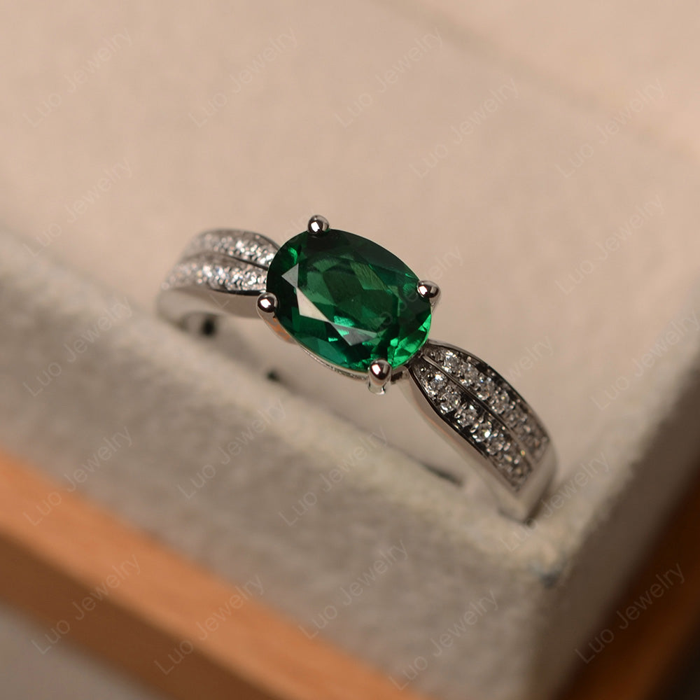 Oval Lab Emerald Wedding East West Ring - LUO Jewelry