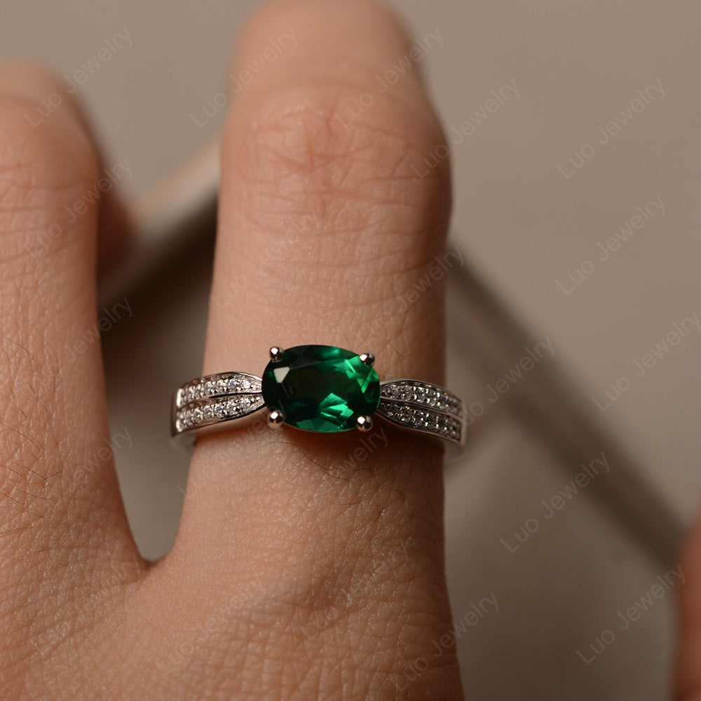 Oval Lab Emerald Wedding East West Ring - LUO Jewelry