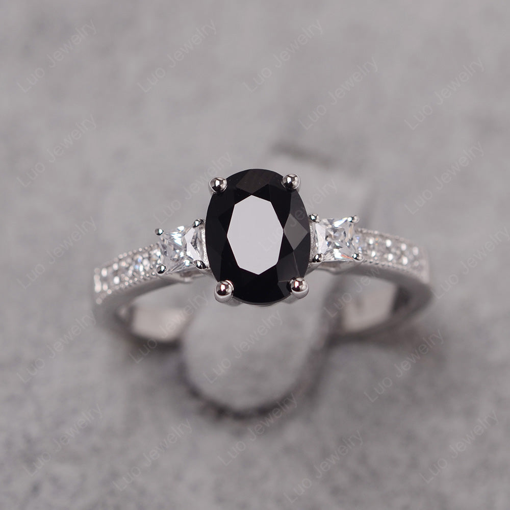 Black Stone Oval Cut Engagement Ring Silver - LUO Jewelry