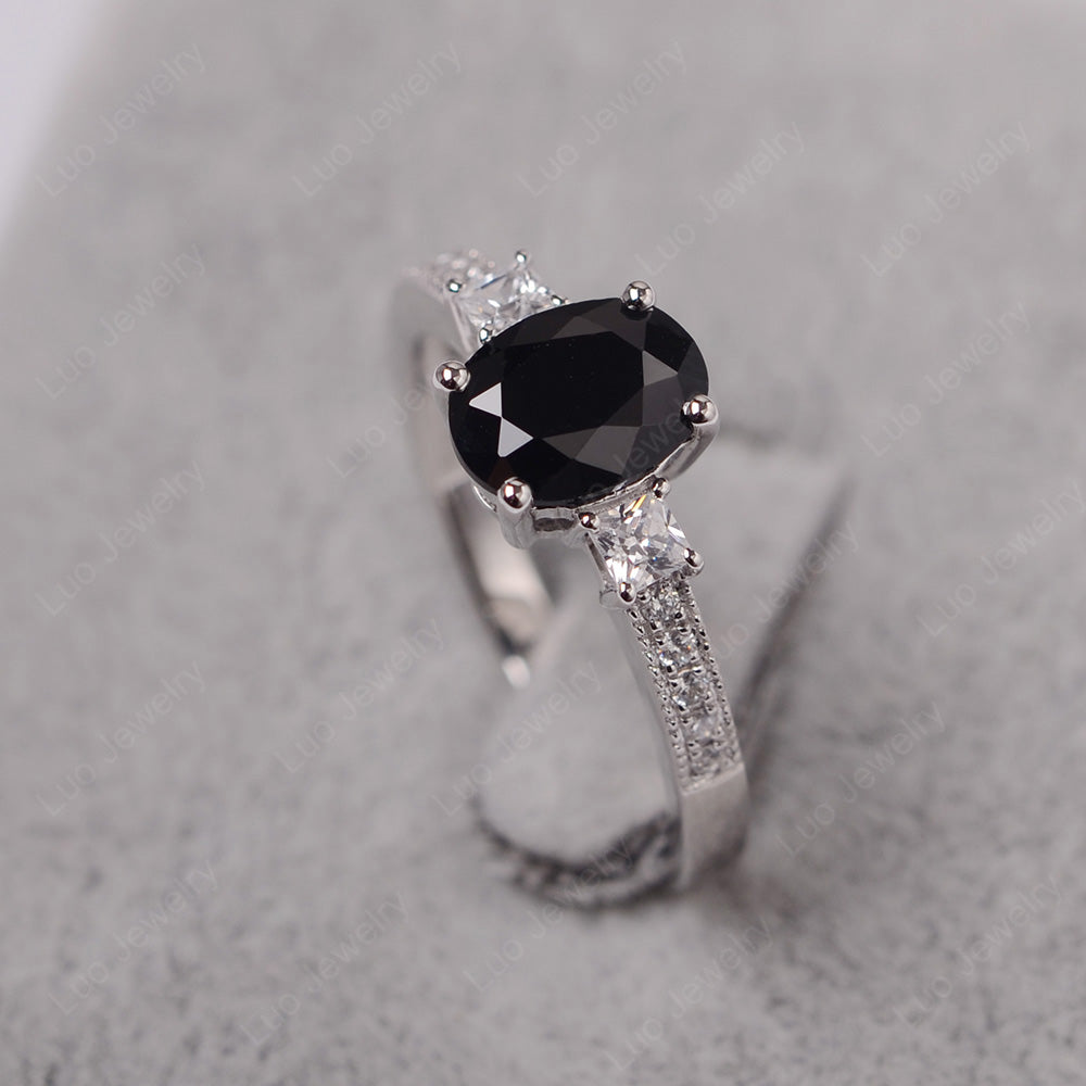 Black Stone Oval Cut Engagement Ring Silver - LUO Jewelry