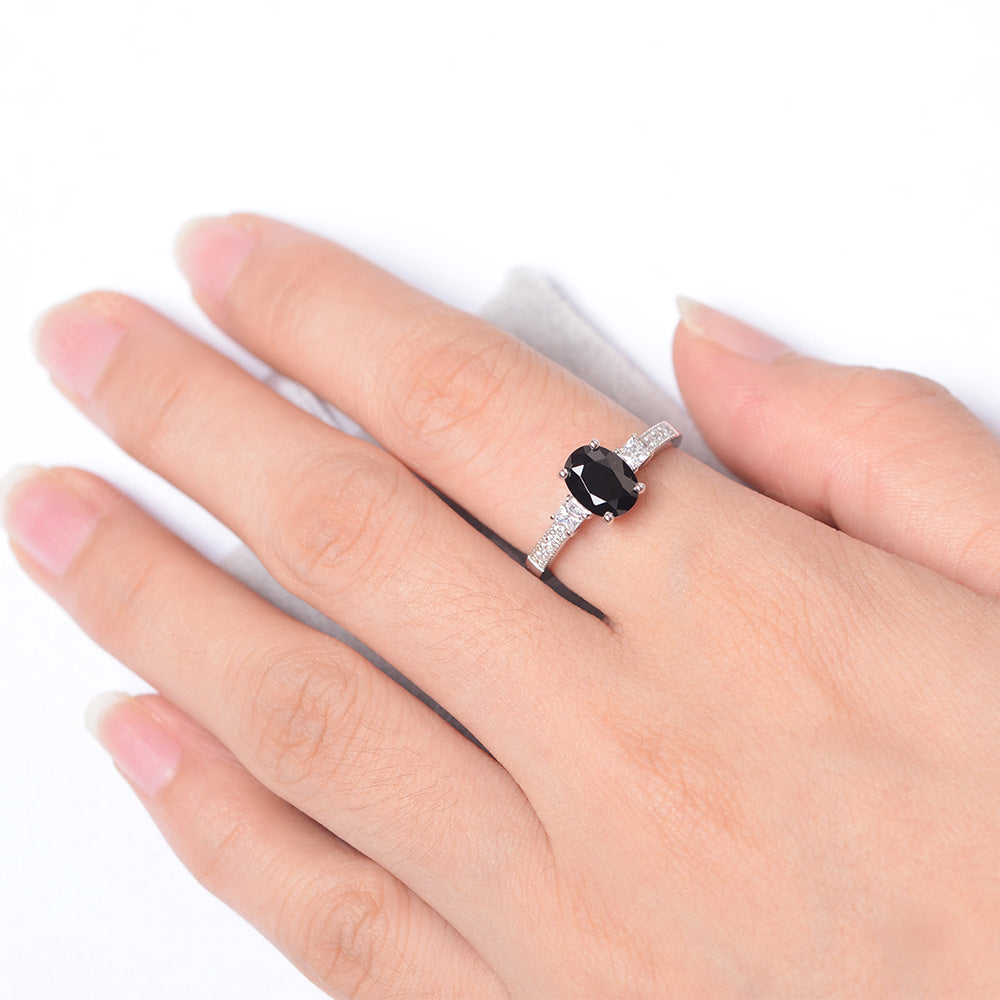 Black Stone Oval Cut Engagement Ring Silver - LUO Jewelry