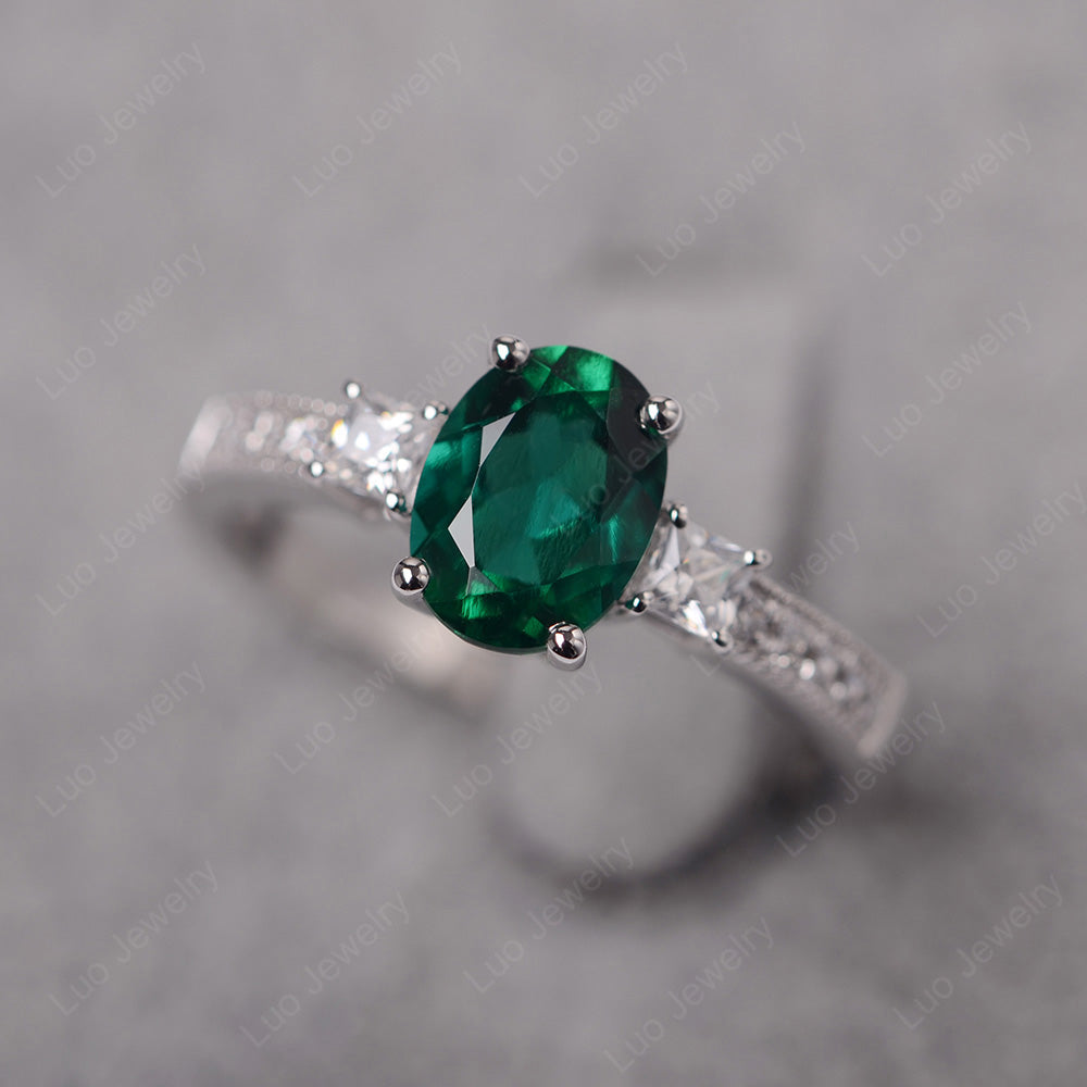 Lab Emerald Oval Cut Engagement Ring Silver - LUO Jewelry