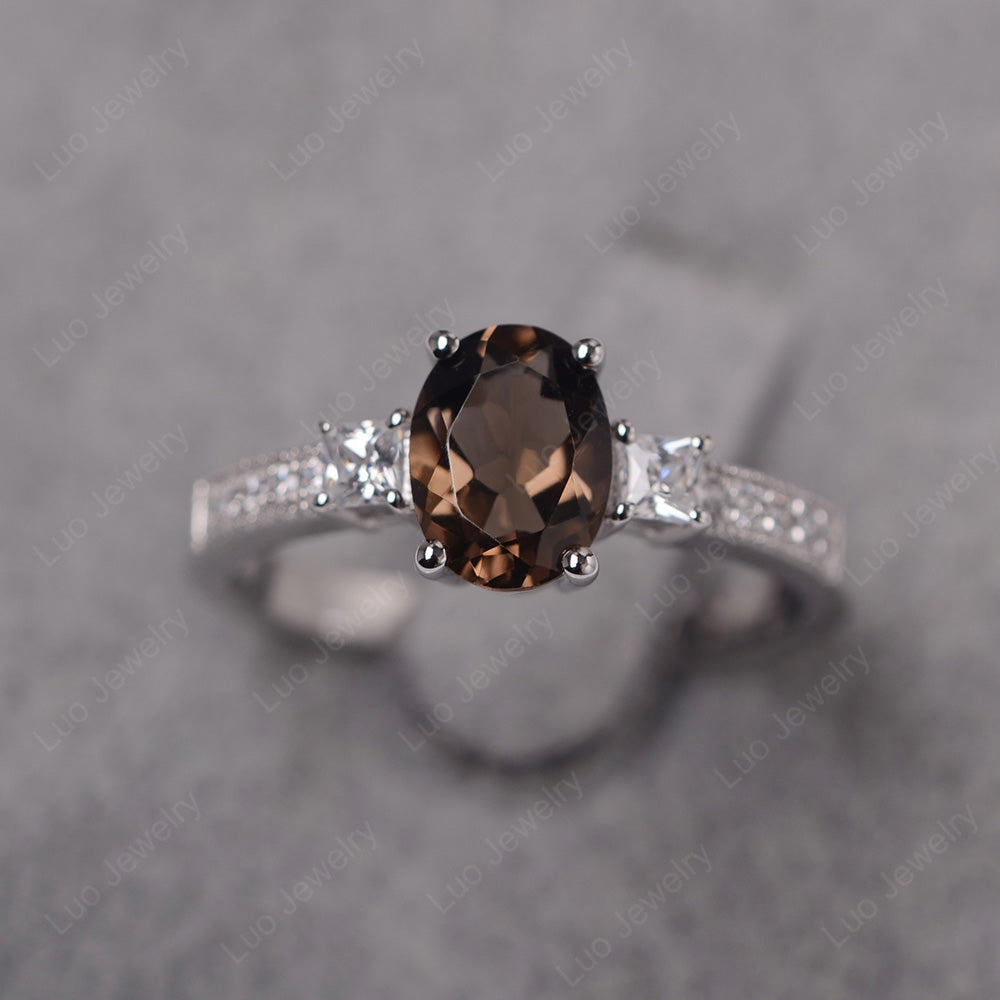 Smoky Quartz  Oval Cut Engagement Ring Silver - LUO Jewelry
