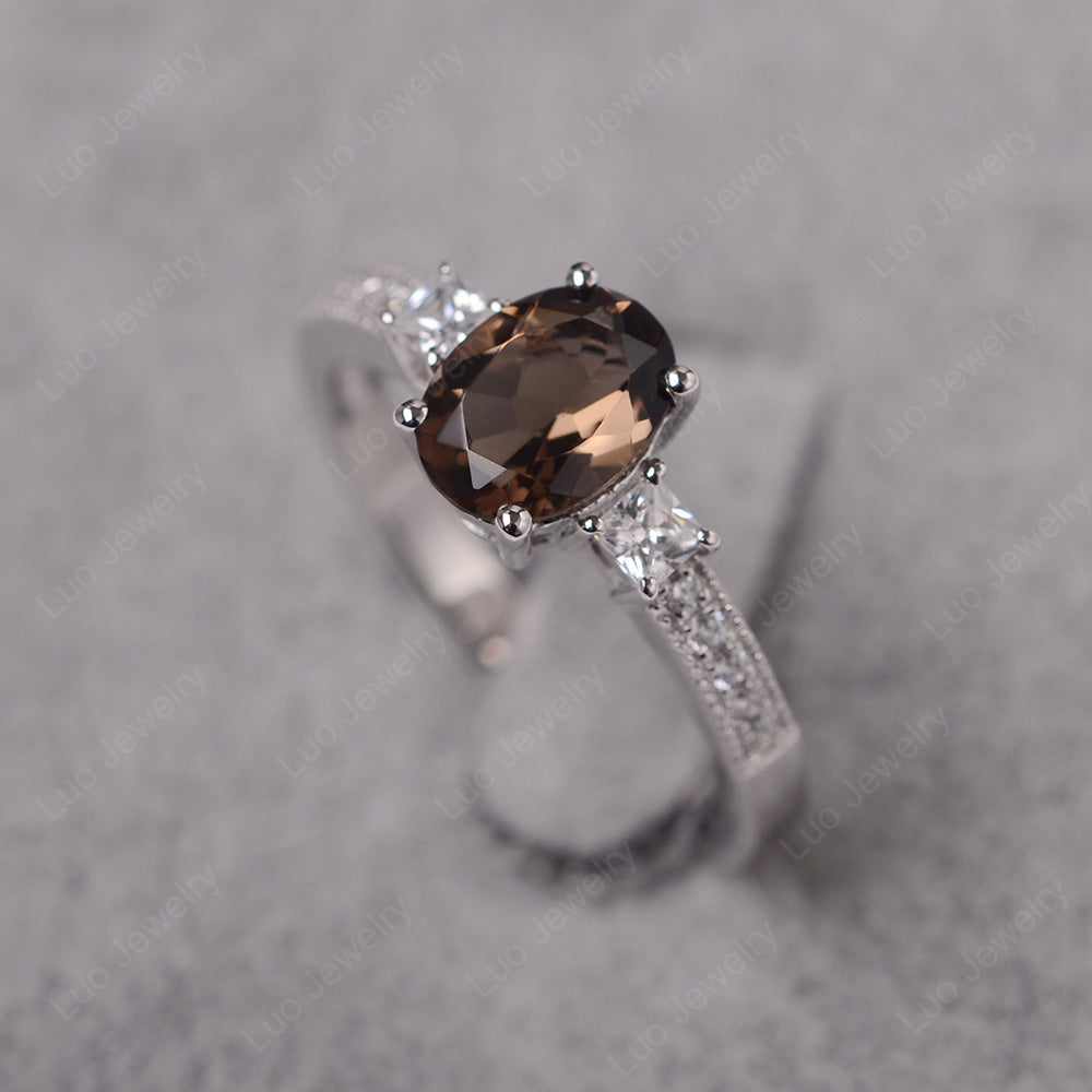 Smoky Quartz  Oval Cut Engagement Ring Silver - LUO Jewelry