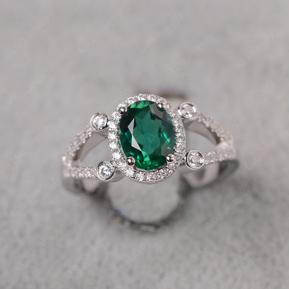 Oval Lab Emerald Art Deco Engagement Ring Gold - LUO Jewelry