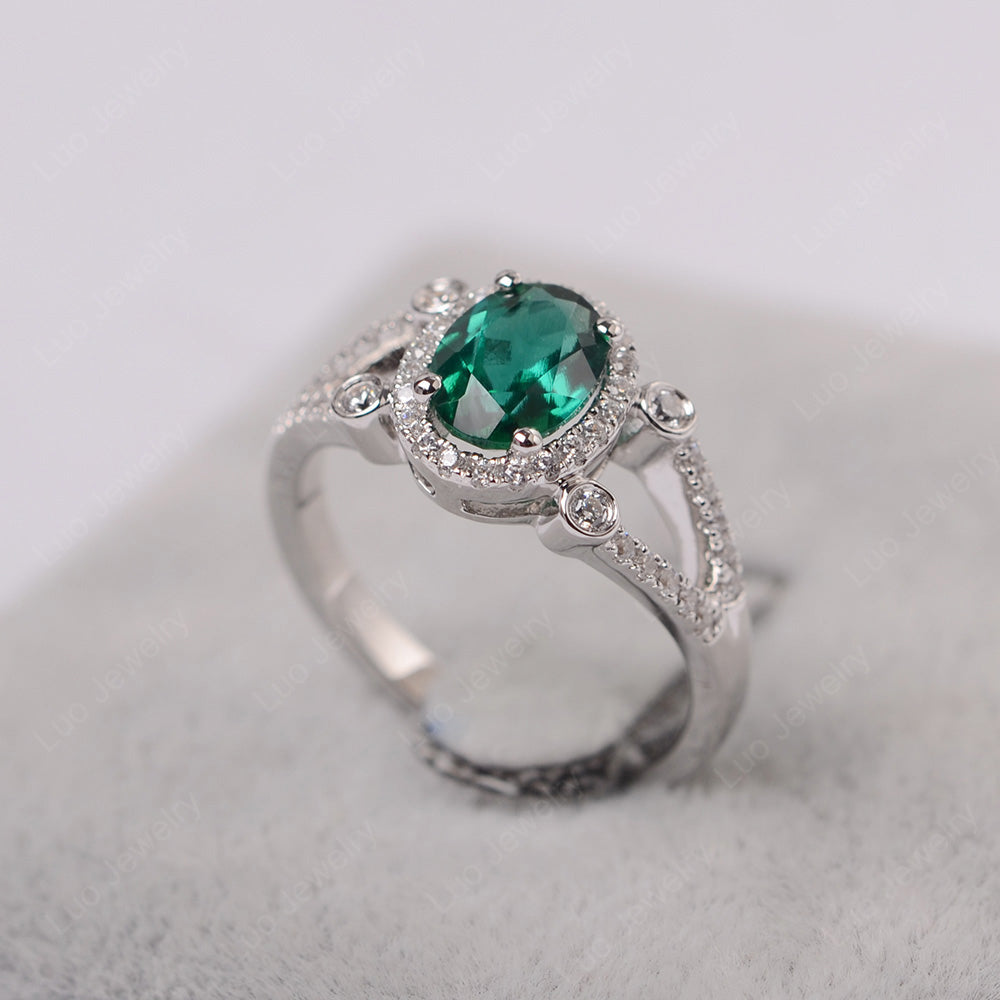 Oval Lab Emerald Art Deco Engagement Ring Gold - LUO Jewelry