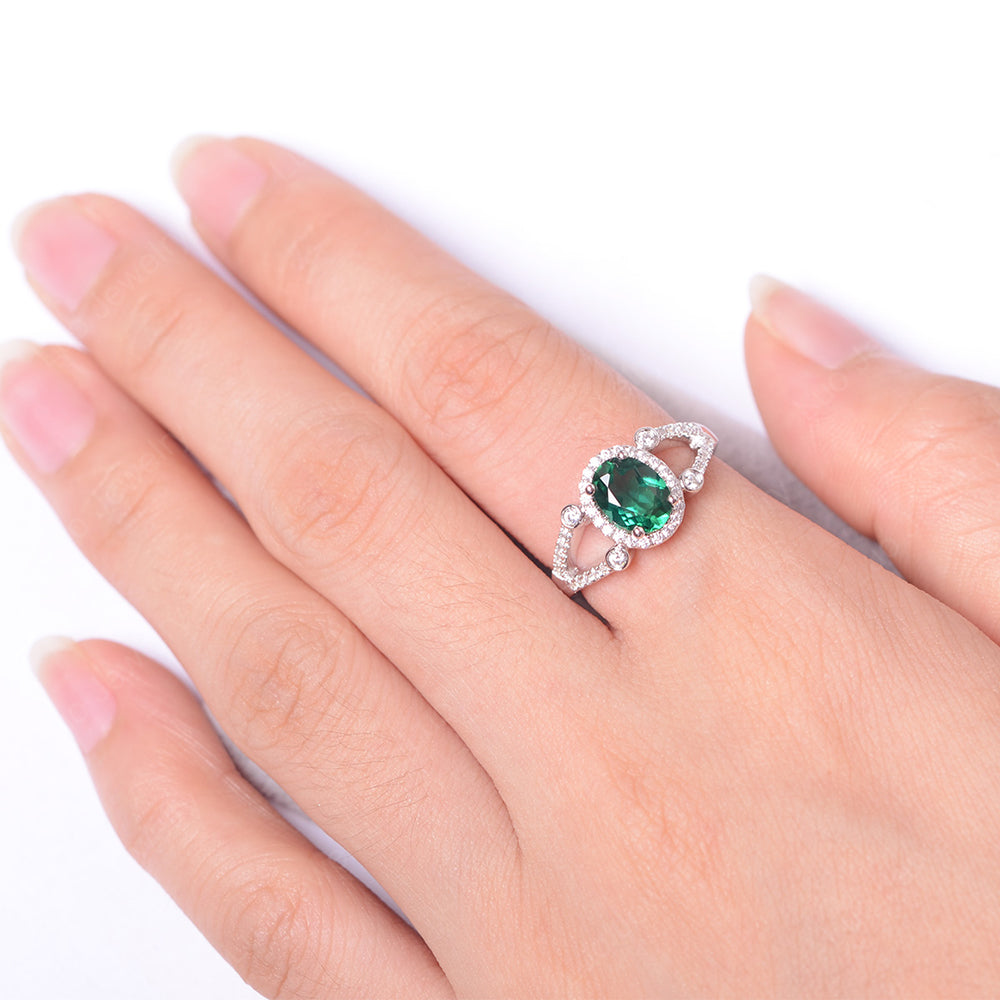 Oval Lab Emerald Art Deco Engagement Ring Gold - LUO Jewelry