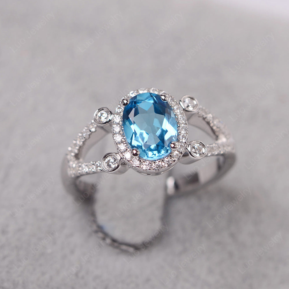 Oval Swiss Blue Topaz Art Deco Engagement Ring Gold - LUO Jewelry