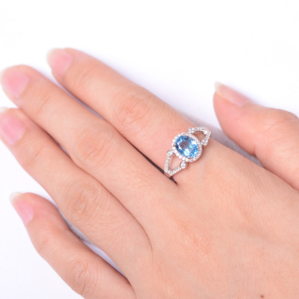 Oval Swiss Blue Topaz Art Deco Engagement Ring Gold - LUO Jewelry