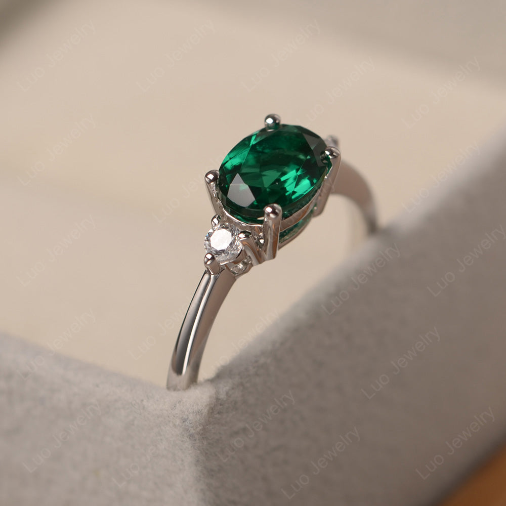 Oval Cut East West Lab Emerald Engagement Ring - LUO Jewelry