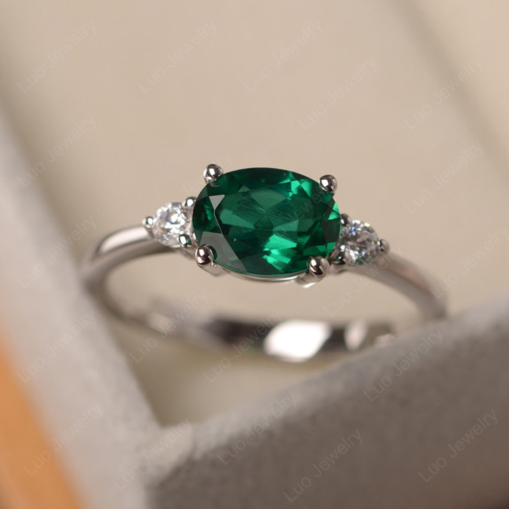 Oval Cut East West Lab Emerald Engagement Ring - LUO Jewelry