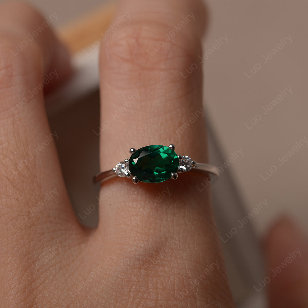 Oval Cut East West Lab Emerald Engagement Ring - LUO Jewelry